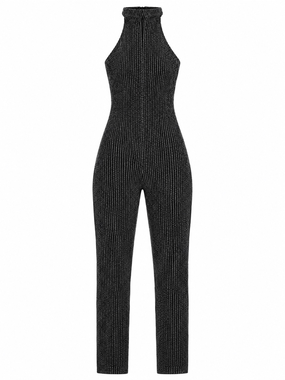 Fashion Nova Black Metallic Ribbed Halter Jumpsuit